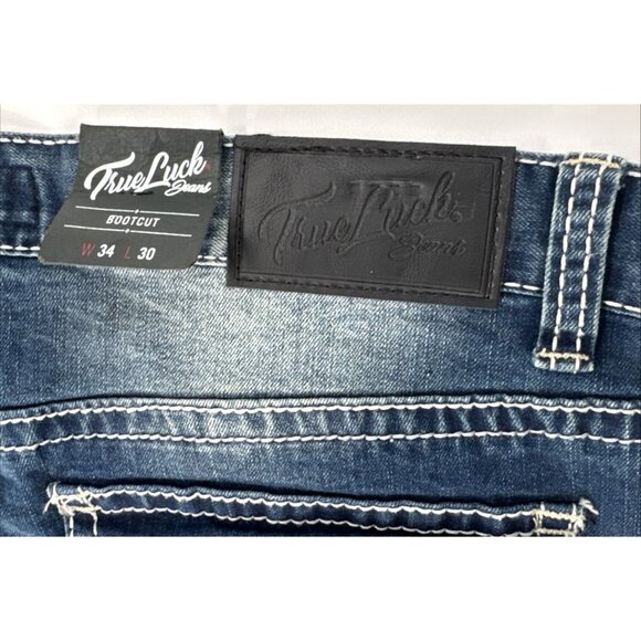 True Luck Jeans Mens 34x30 Blue Denim Bootcut Stretch Embroidered Whiskering - Picture 7 of 11